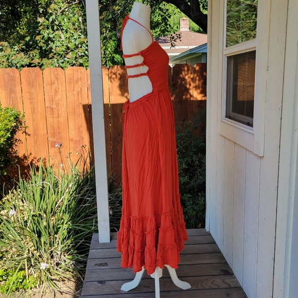 R.Vivimos Orange Summer Cotton Sexy Blackless Ruffle Maxi Dress - Picture 8 of 13